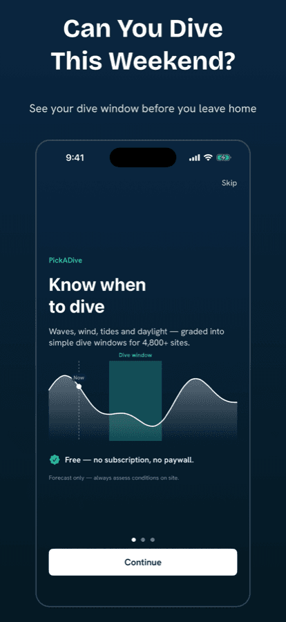 PickADive app screen showing the dive-window forecast curve